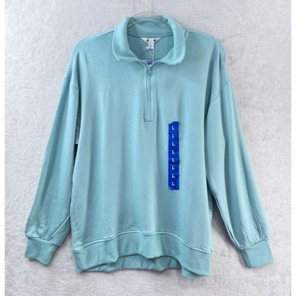 Three Dots Womens Sweater Sz Large Blue Fleece Cozy 1/4 Zip Pullover - Picture 1 of 12